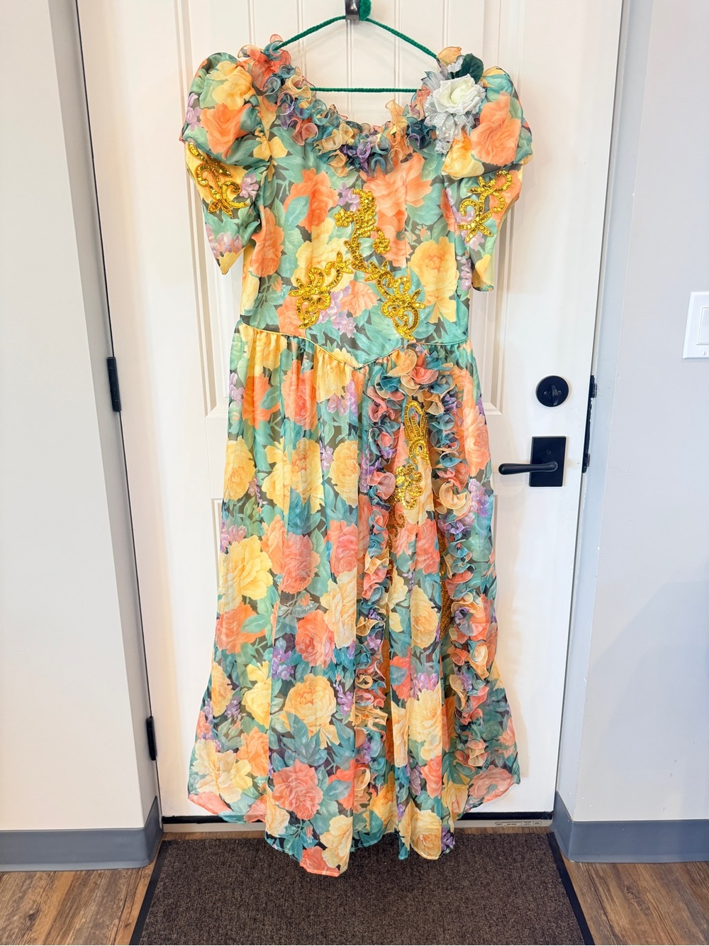 Floral Ruffle Midi Dress in Mint, Peach and Yellow